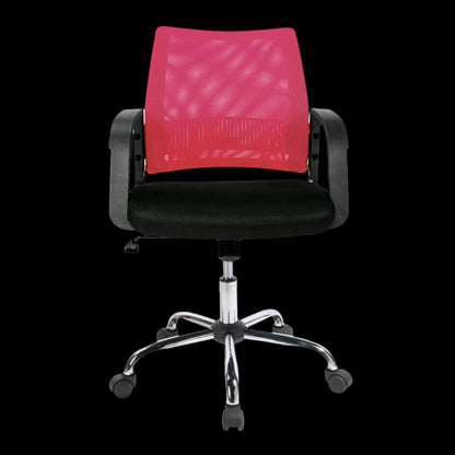 Black office chair with red mesh backrest on a black background