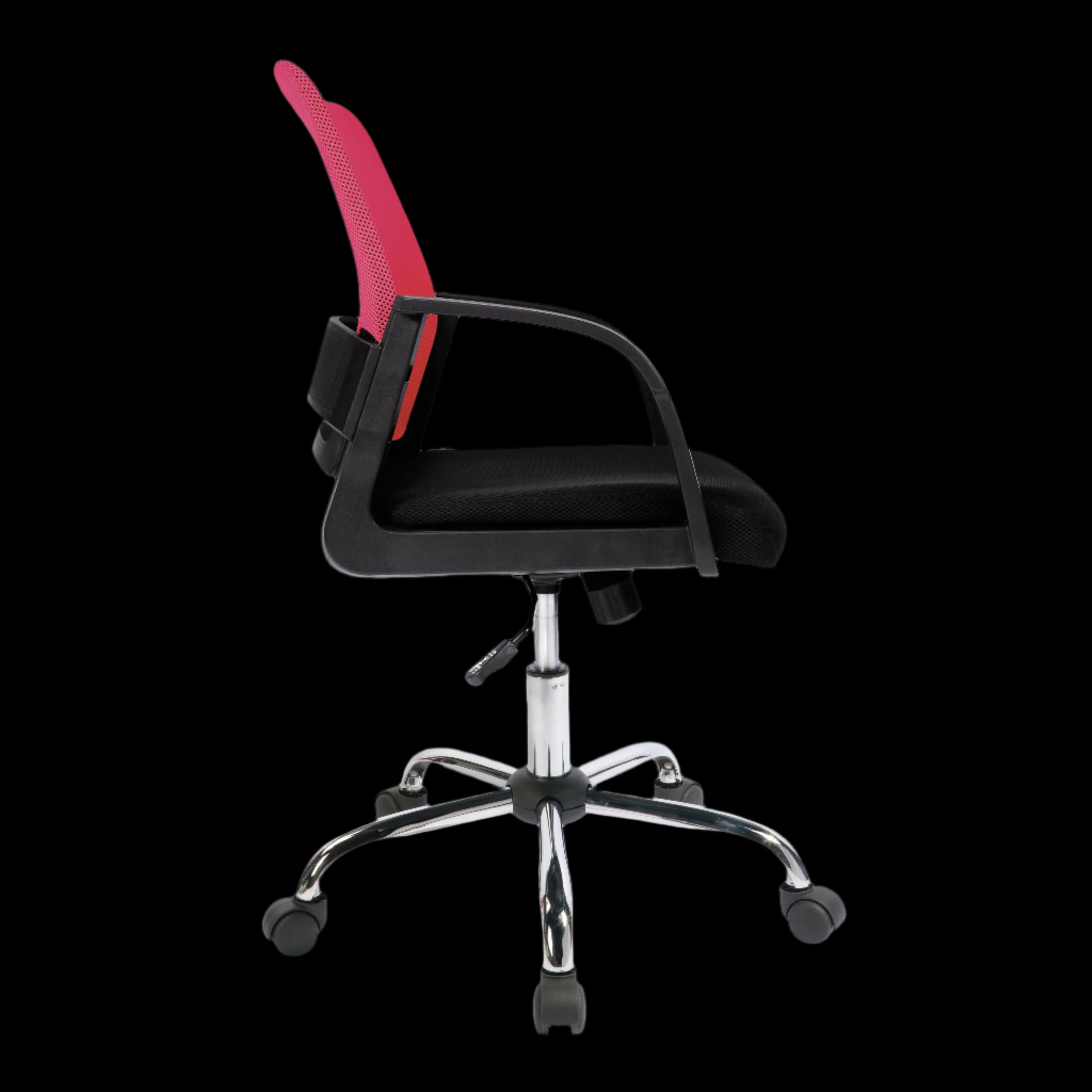 Black office chair with red backrest on a black background