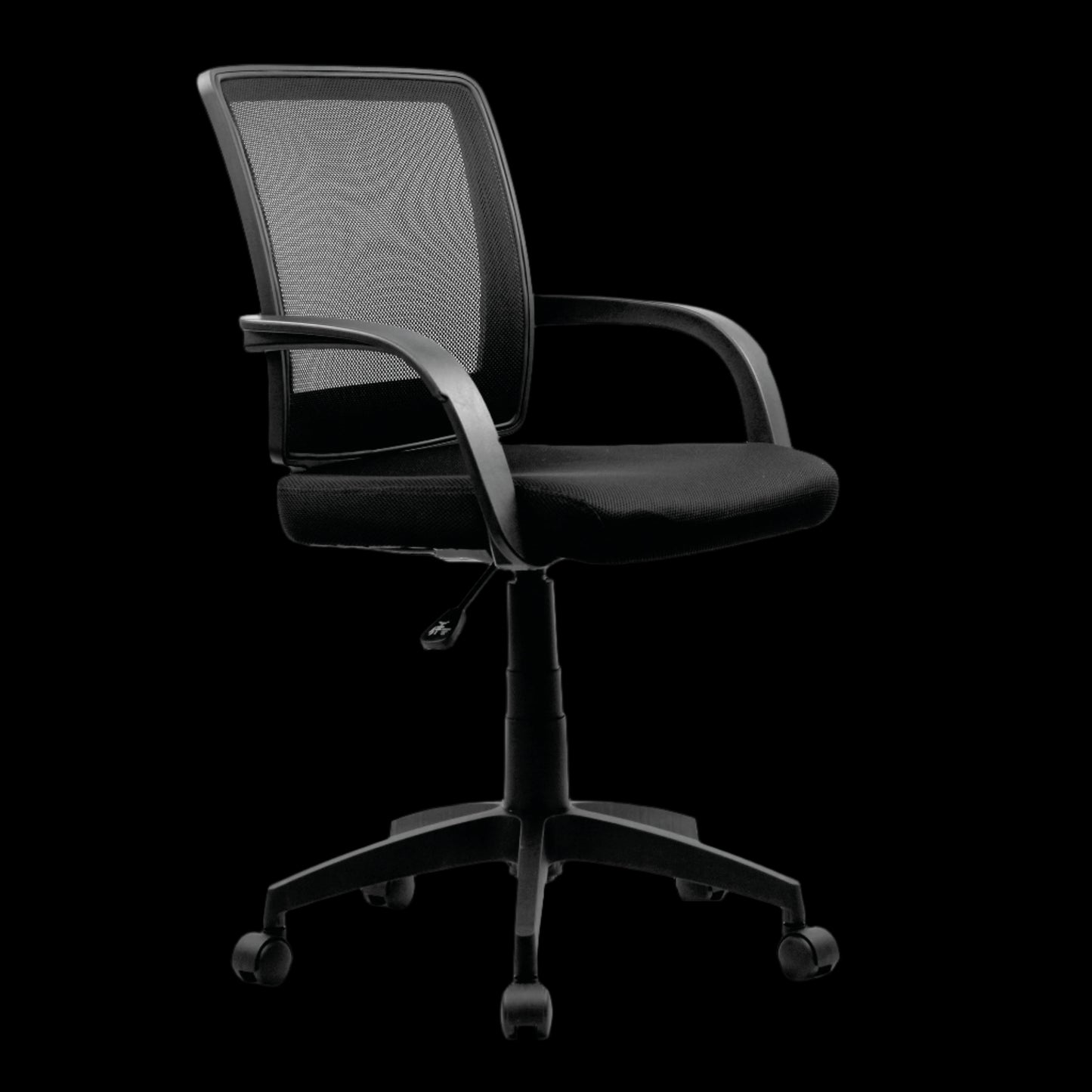 Black office chair with mesh back on a black background