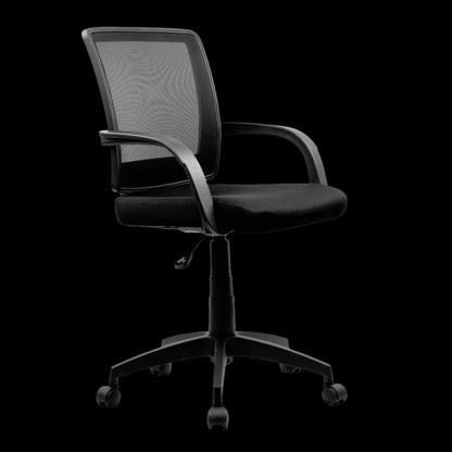 Black office chair with mesh back on a black background