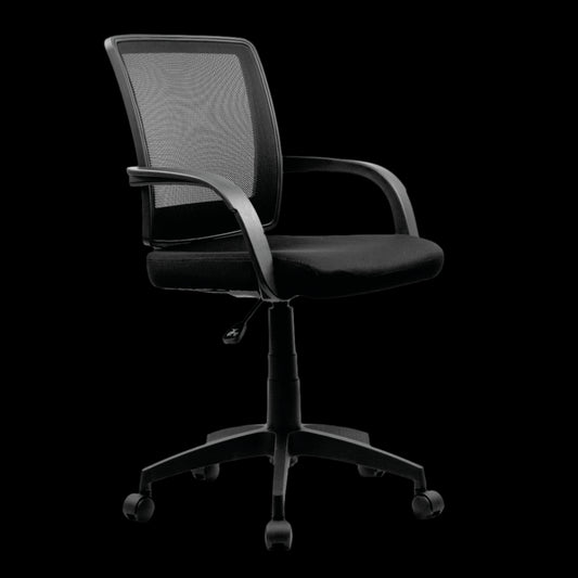 Black office chair with mesh back on a black background