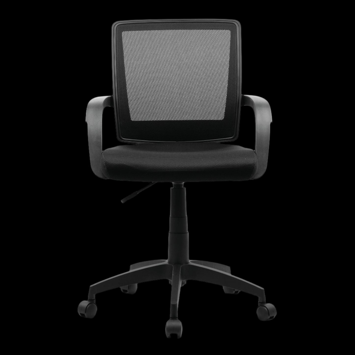 Black office chair with mesh back on a black background