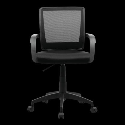 Black office chair with mesh back on a black background
