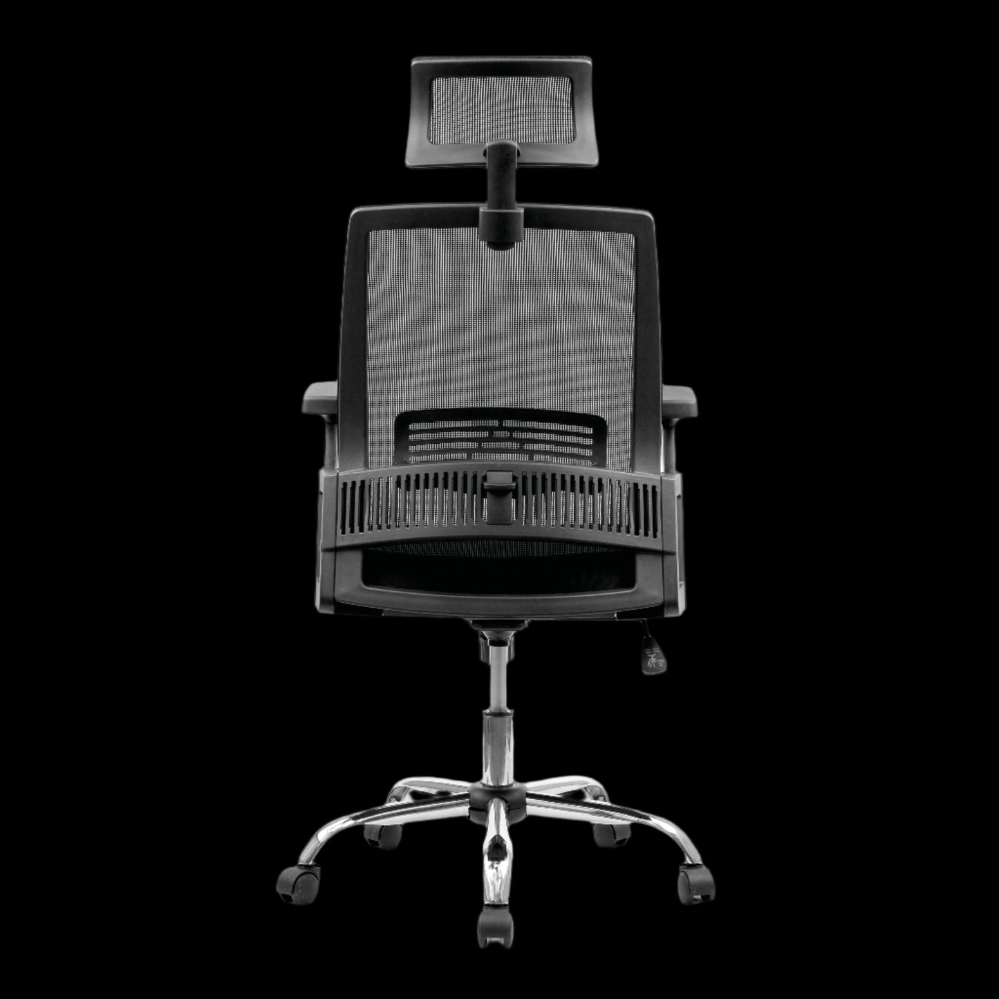 Black office chair with mesh backrest on a black background