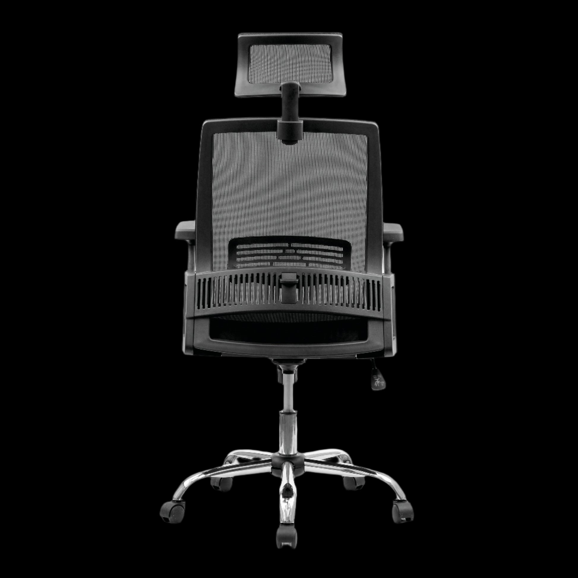 Black office chair with mesh backrest on a black background