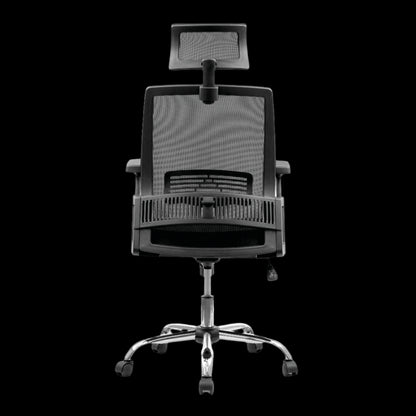 Black office chair with mesh backrest on a black background