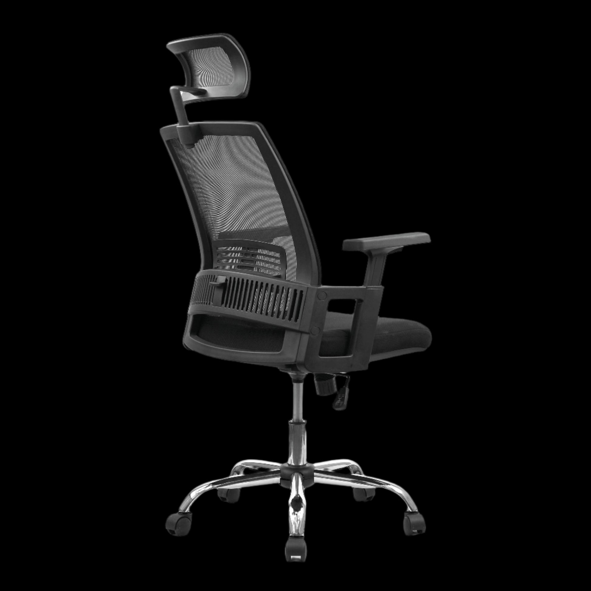 Black office chair with mesh back on a black background