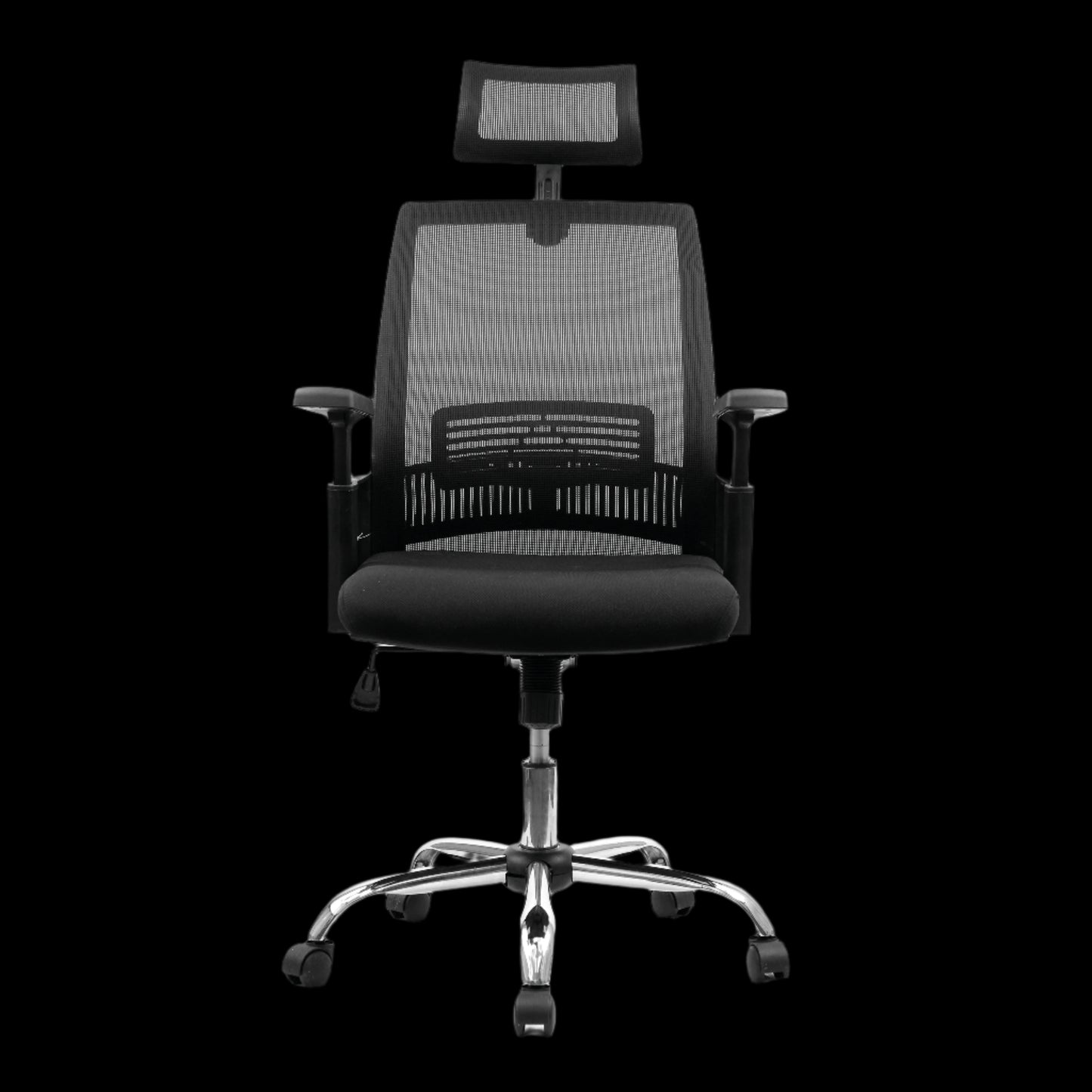 Black office chair with mesh back and headrest on a black background