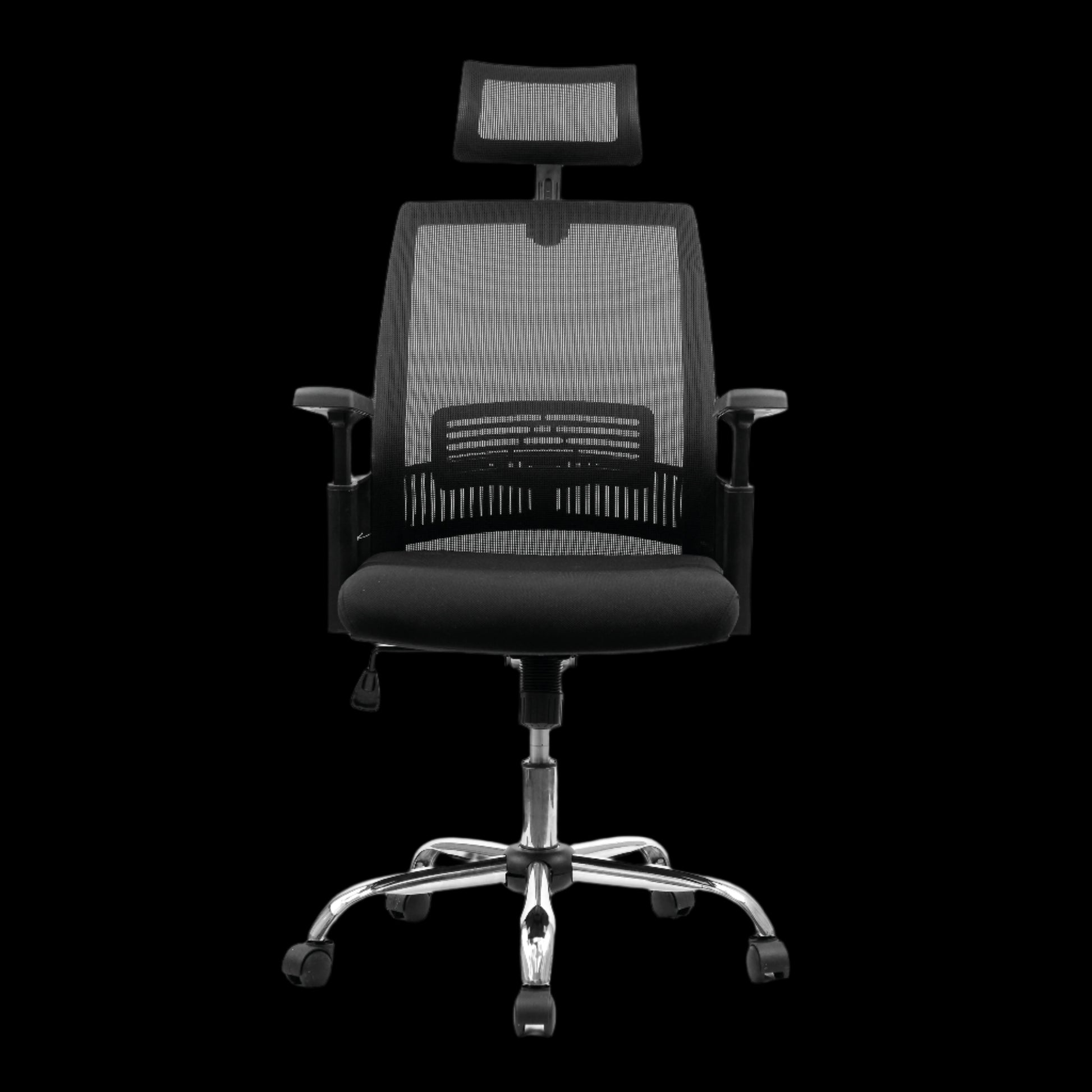 Black office chair with mesh back and headrest on a black background