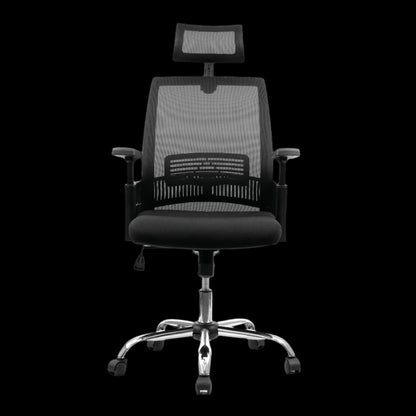 Black office chair with mesh back and headrest on a black background