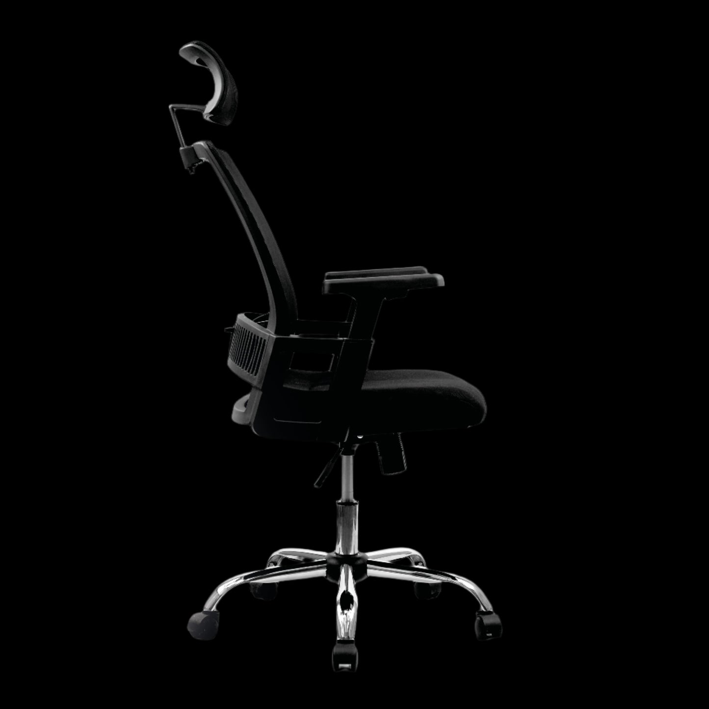 Black office chair with adjustable armrests on a black background