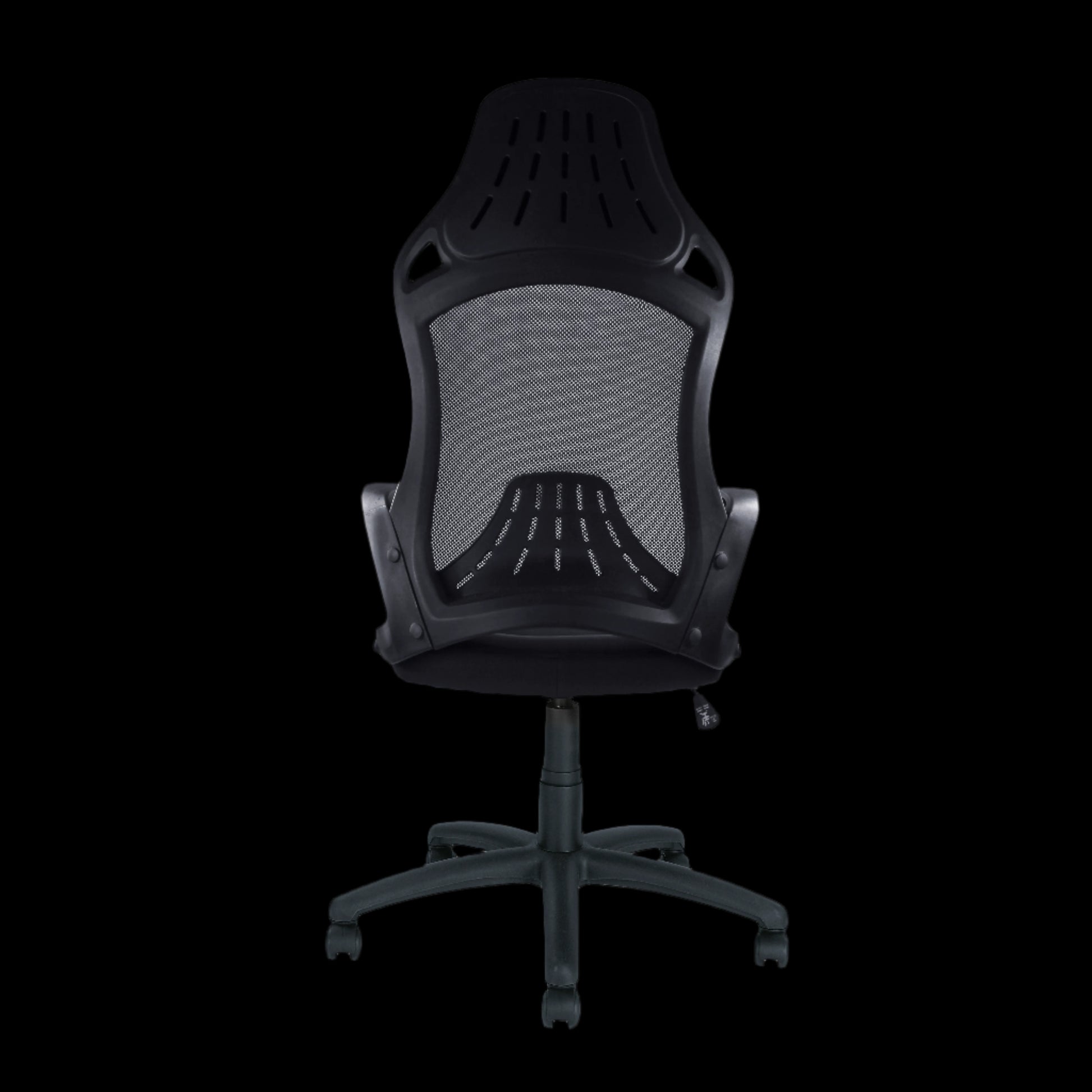 Black office chair with mesh back on a black  background