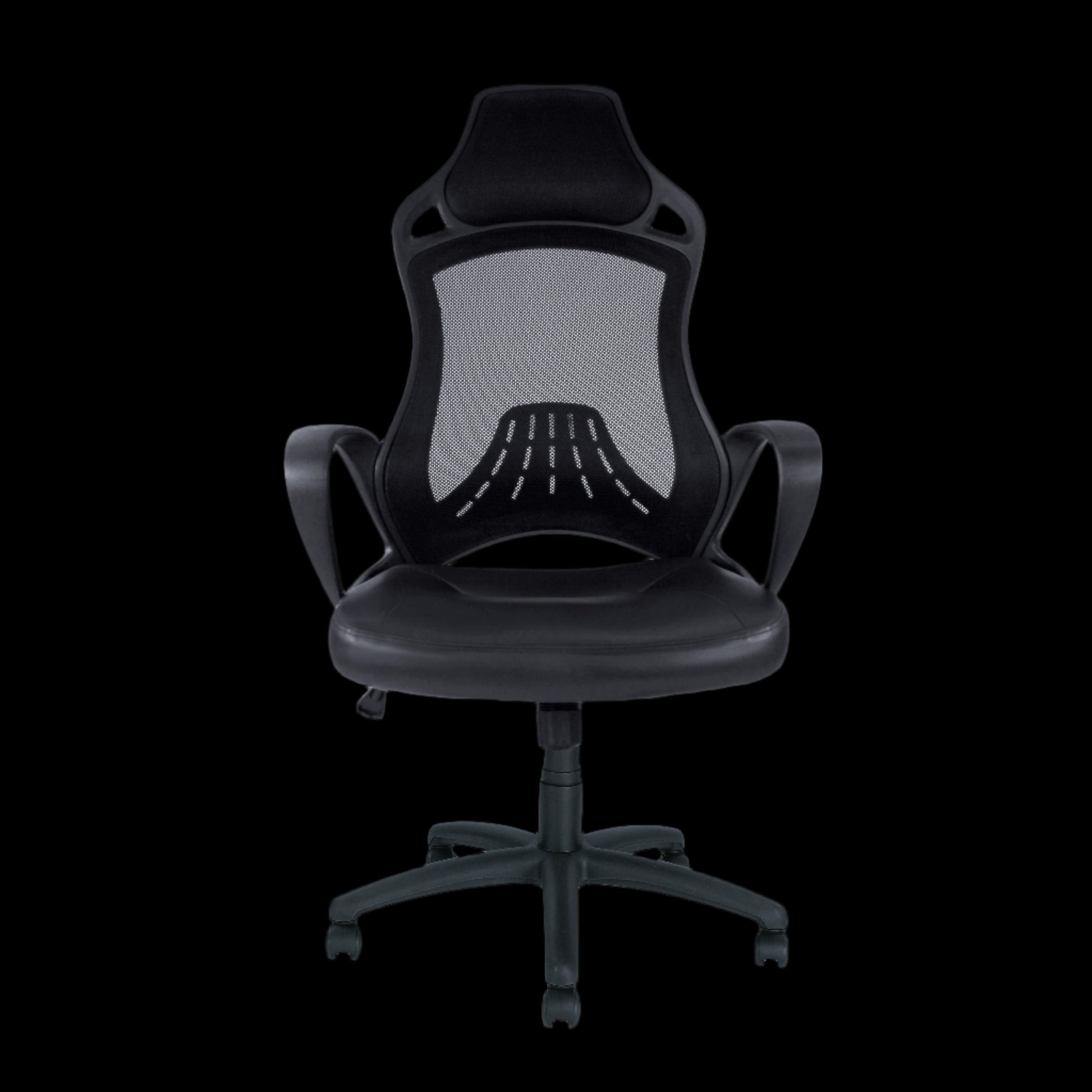 Black office chair with mesh back on a black background