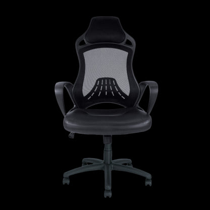 Black office chair with mesh back on a black background