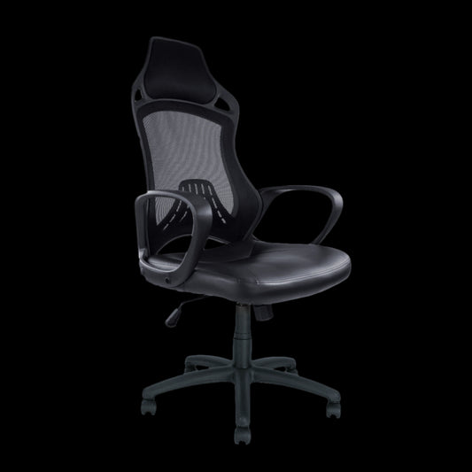 Black office chair with mesh back on a black background