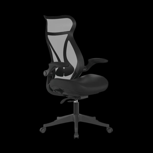 Black office chair with mesh back on a black background