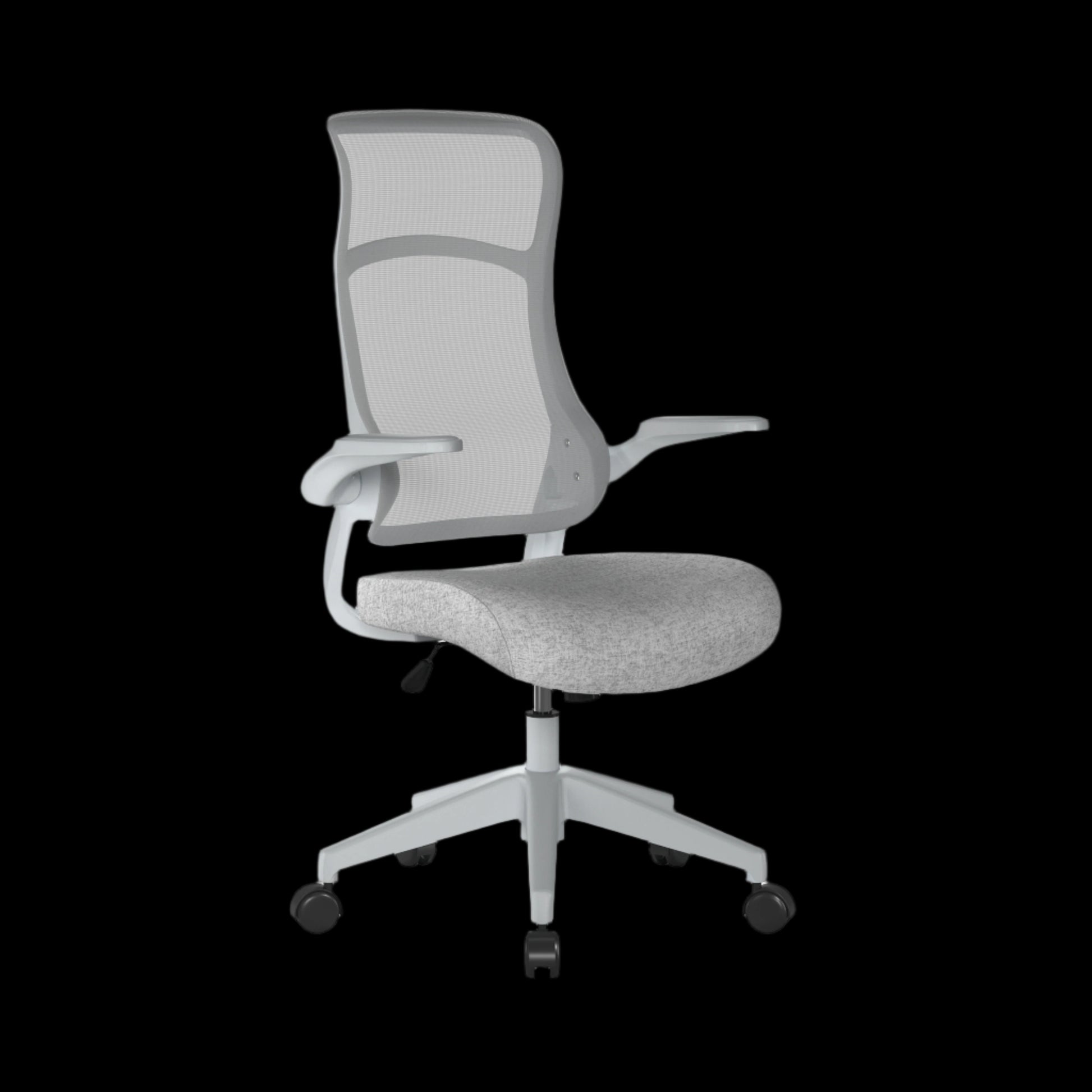 Gray office chair with mesh backrest on a black background