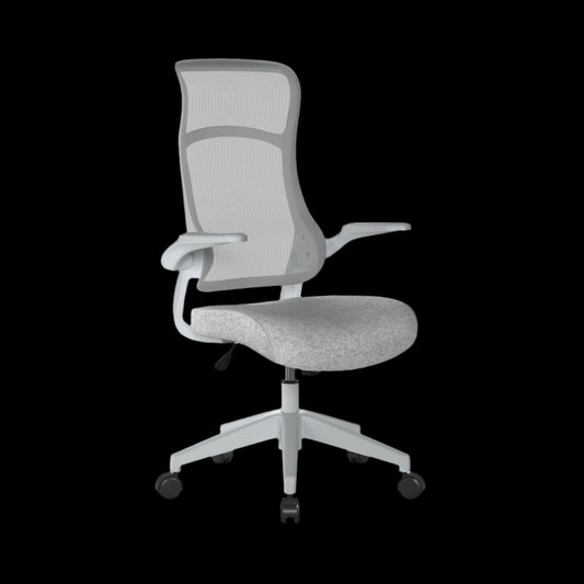 Gray office chair with mesh backrest on a black background