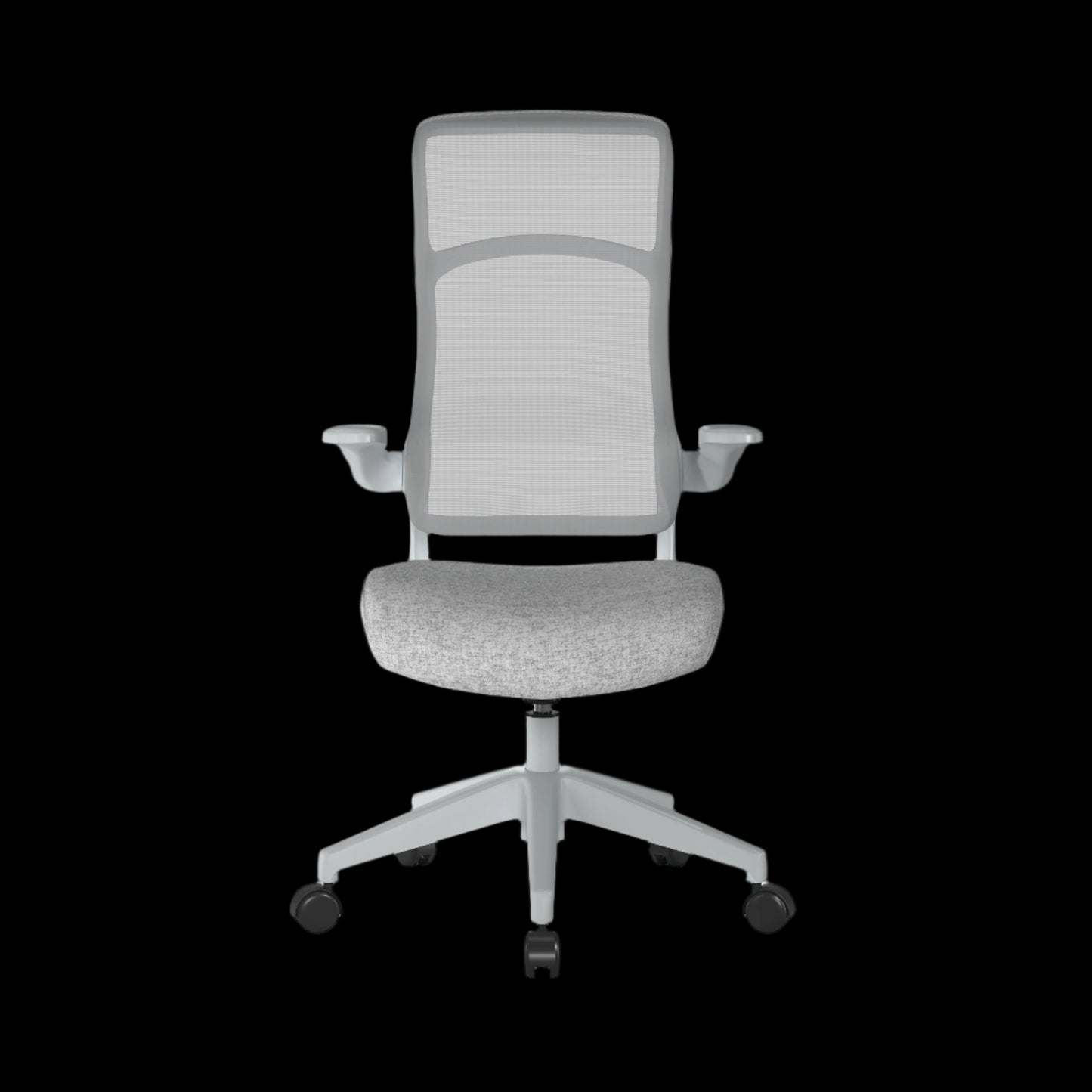 Light gray office chair with mesh back on a black background
