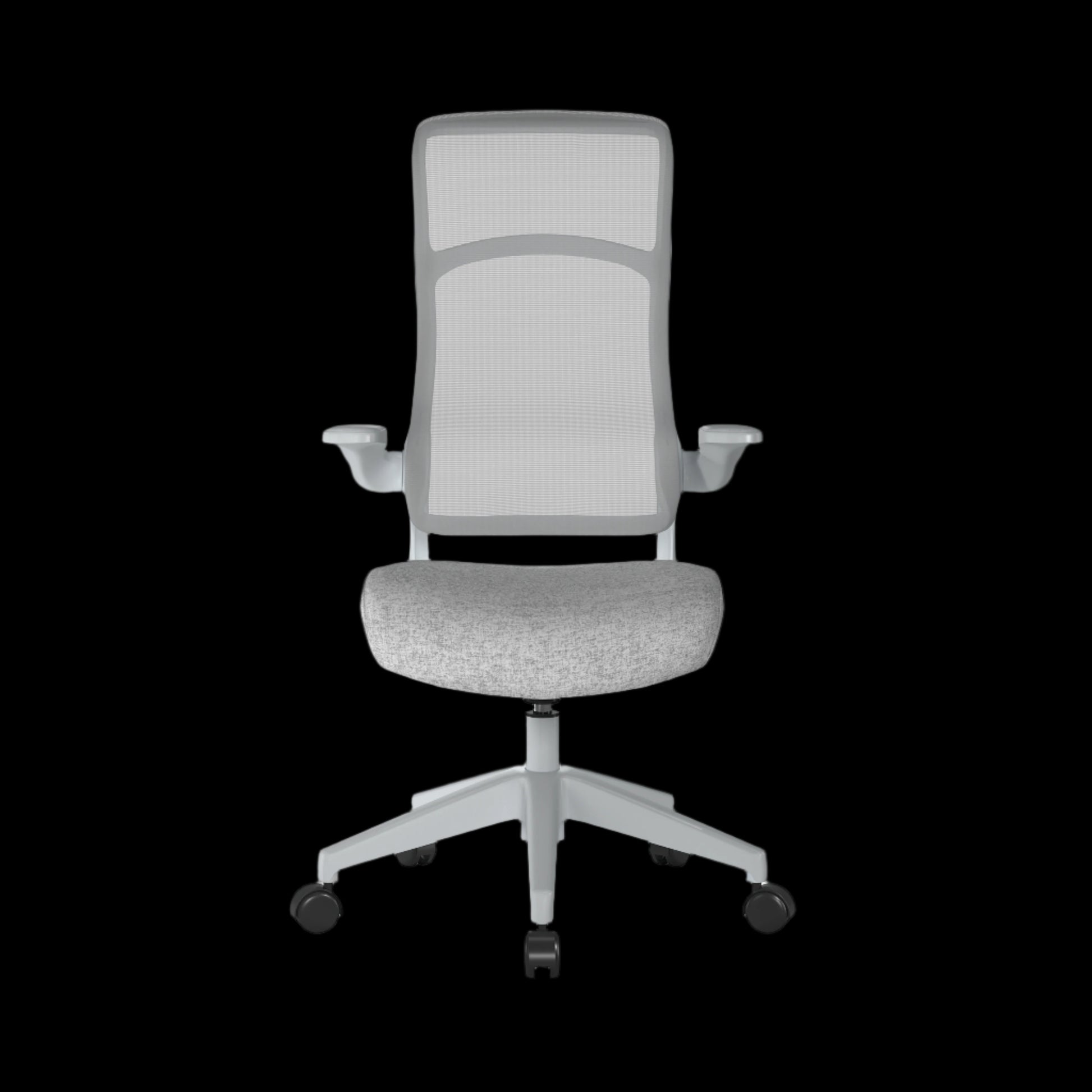 Light gray office chair with mesh back on a black background