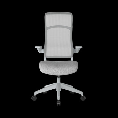Light gray office chair with mesh back on a black background