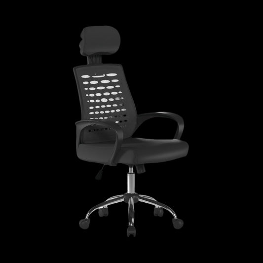 Black office chair with headrest on a black background