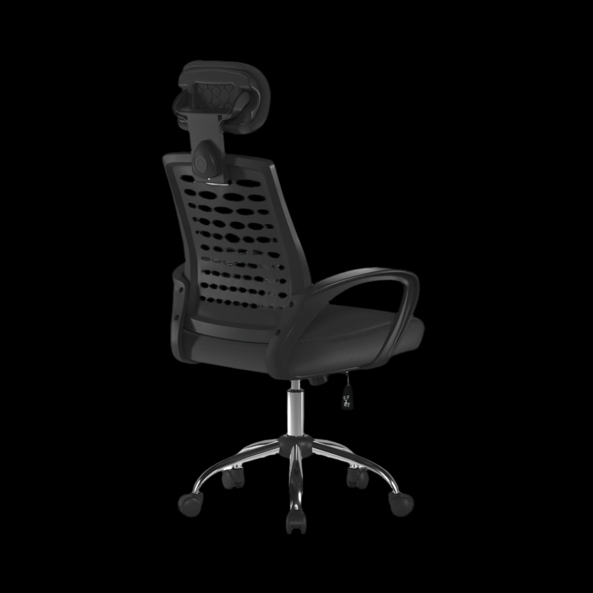 Black office chair with mesh back on a black background