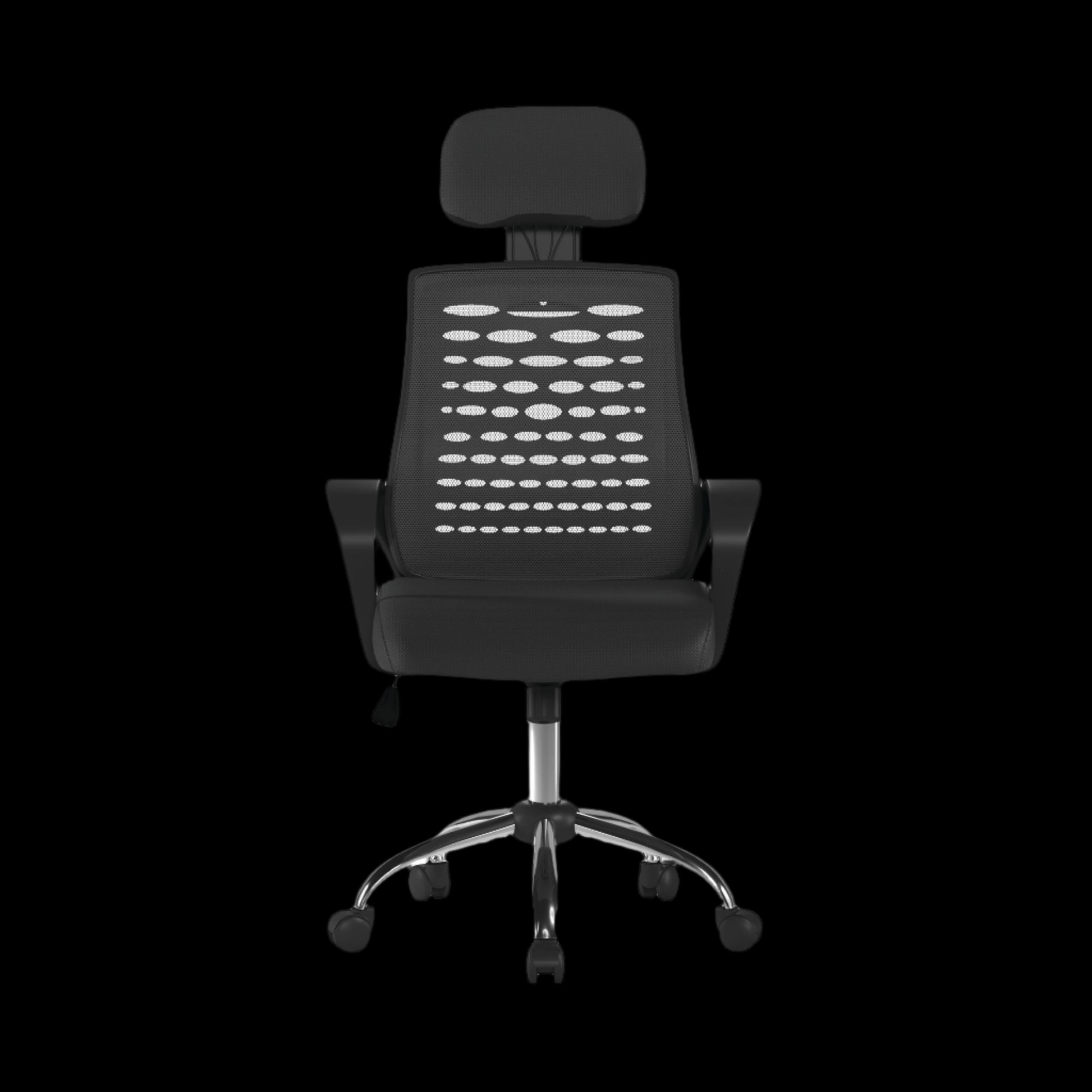 Black office chair with mesh backrest on a black background