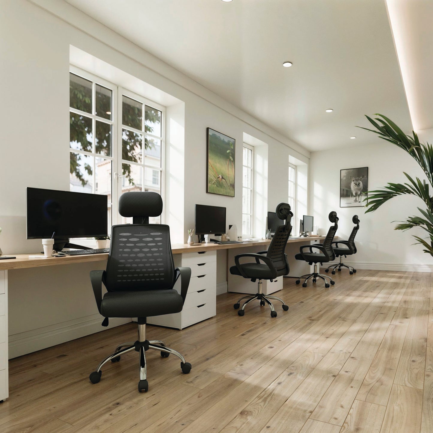 Modern office with desks, chairs, and large windows.