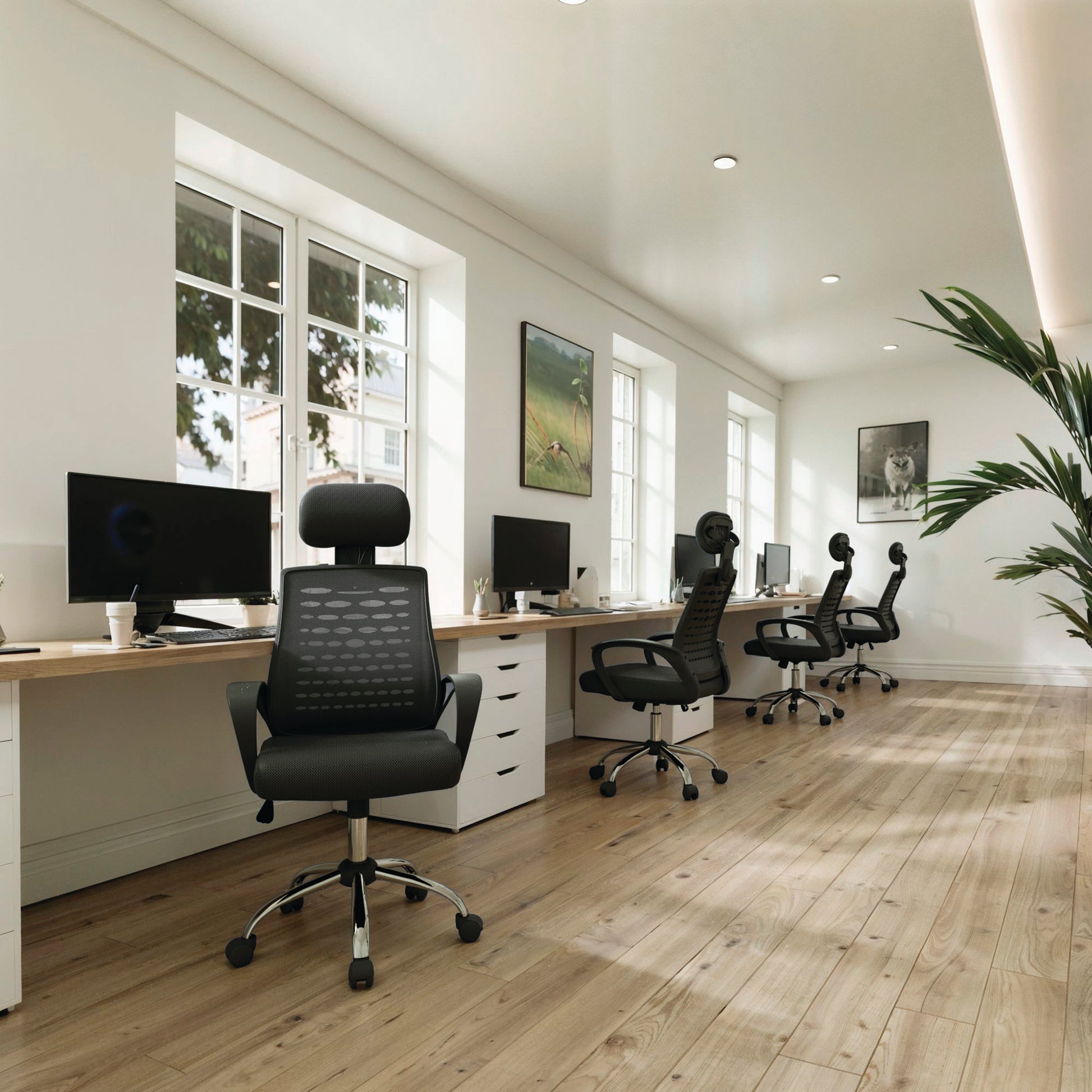 Modern office with desks, chairs, and large windows.