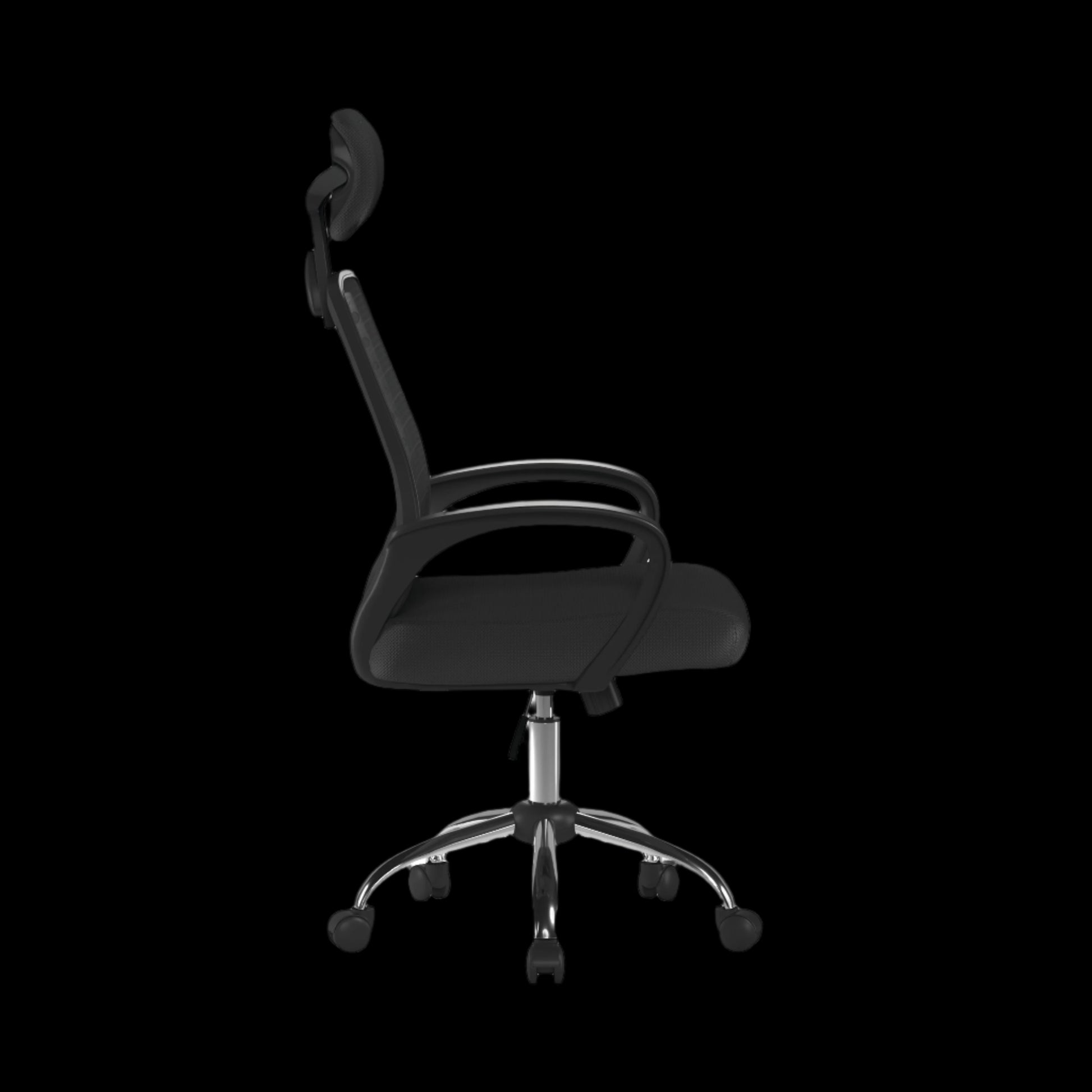 Black office chair with adjustable armrests on a black background