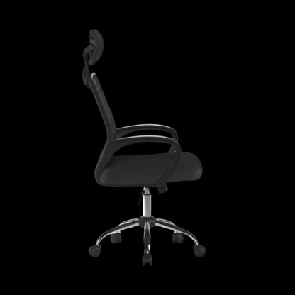 Black office chair with adjustable armrests on a black background