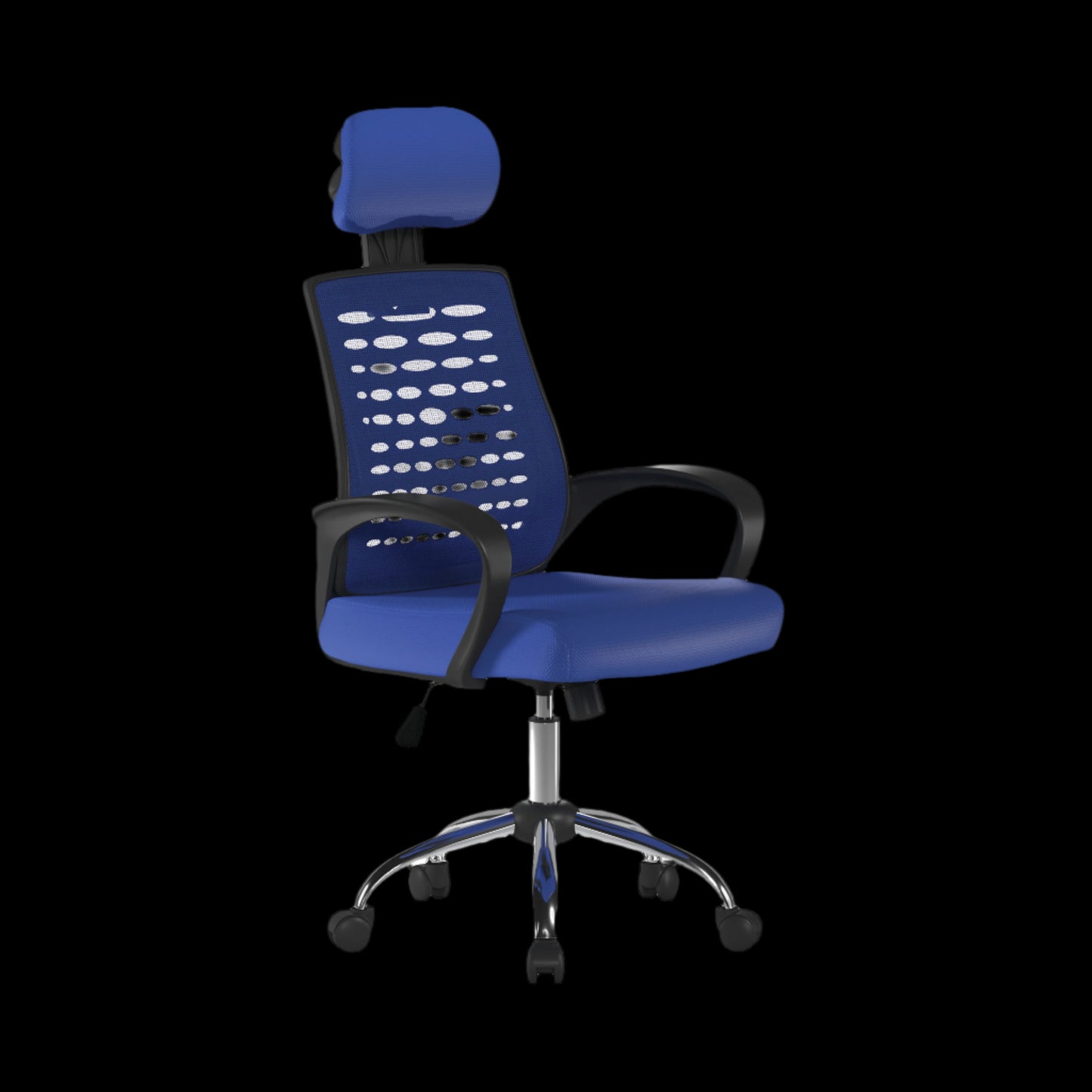 Blue office chair with headrest on a black background