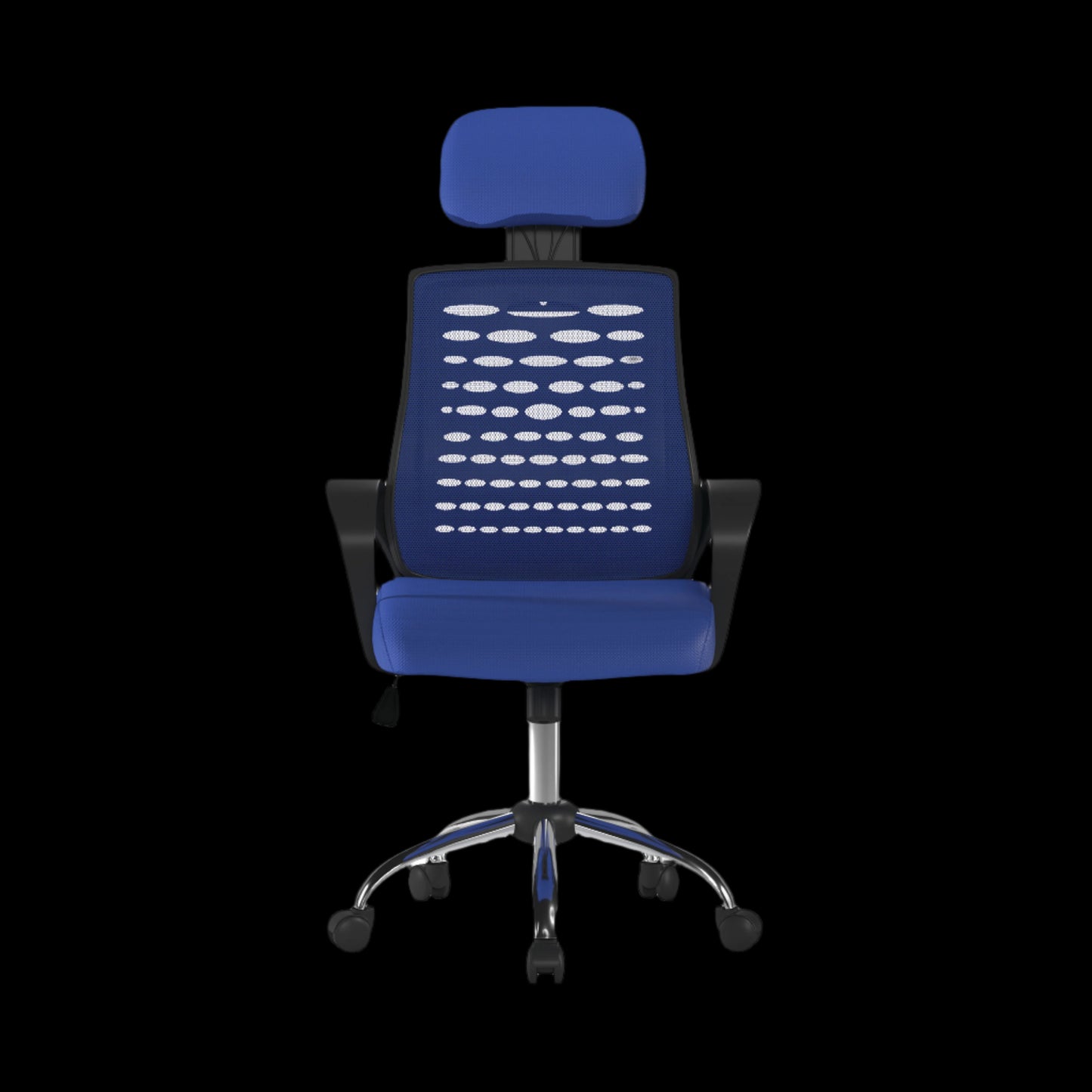 Blue office chair with headrest on a black background