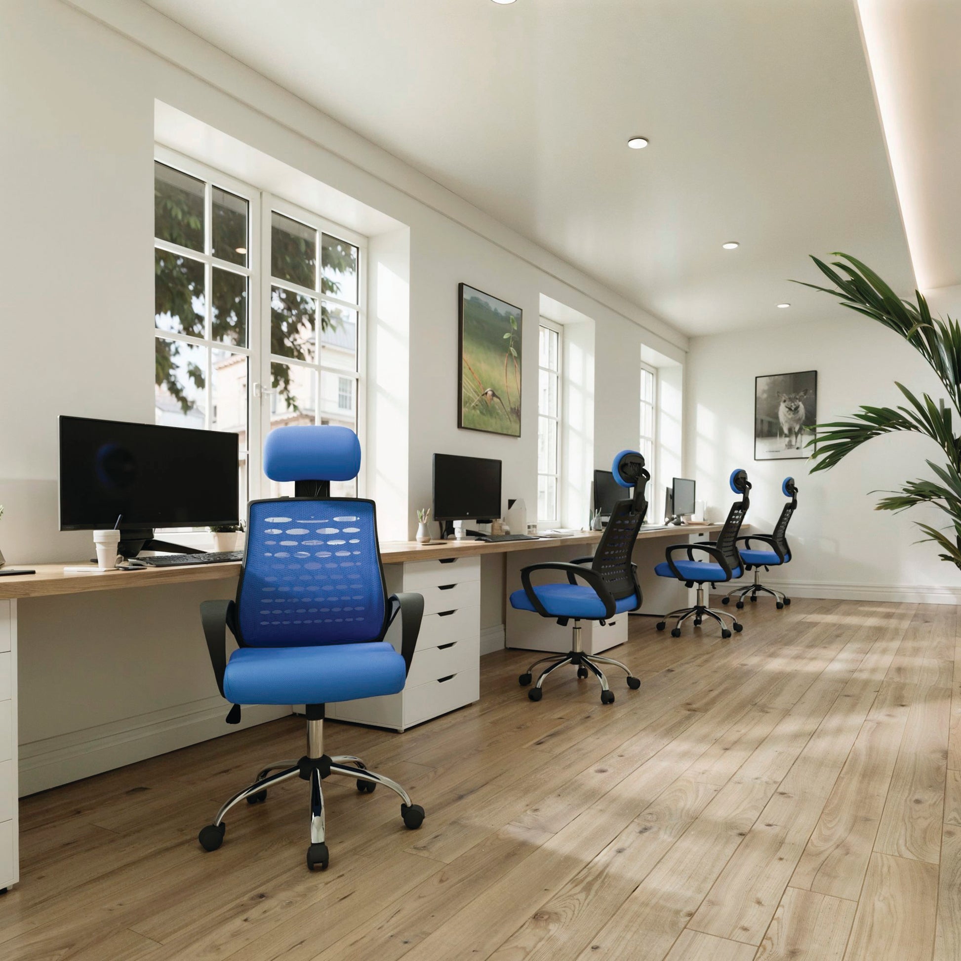 Modern office with blue chairs and wooden desks