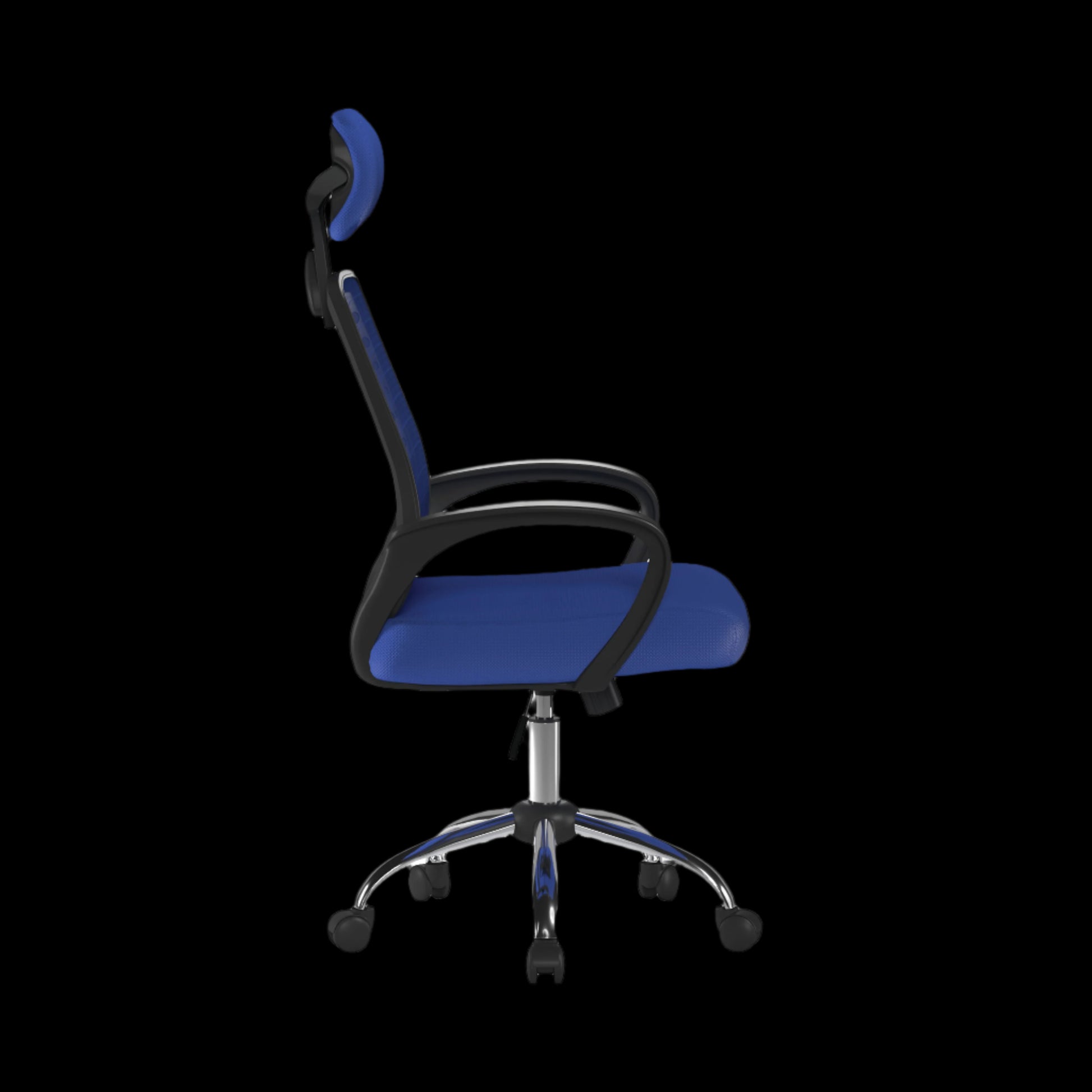 Blue office chair with black armrests on a black background