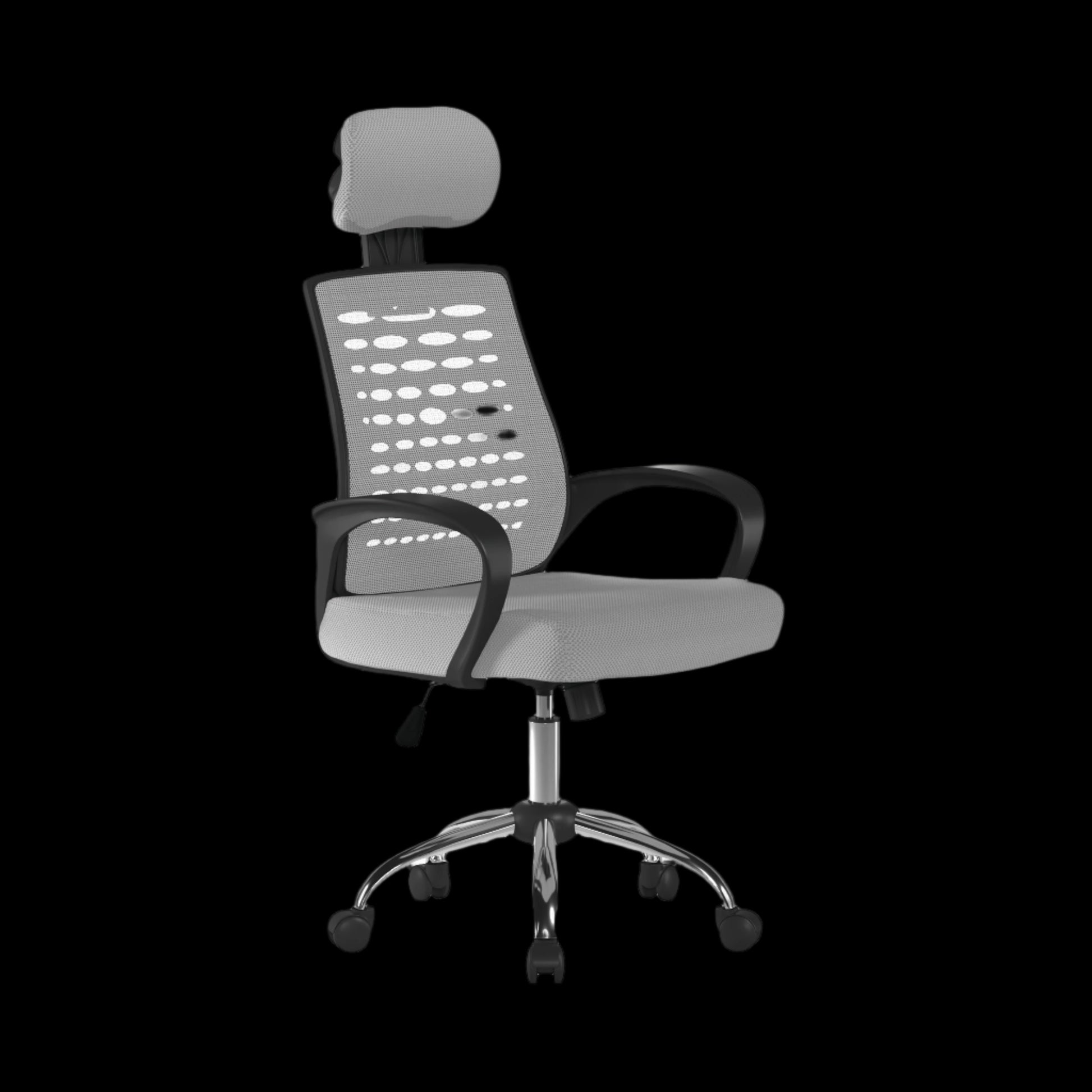 Gray office chair with headrest on a black background