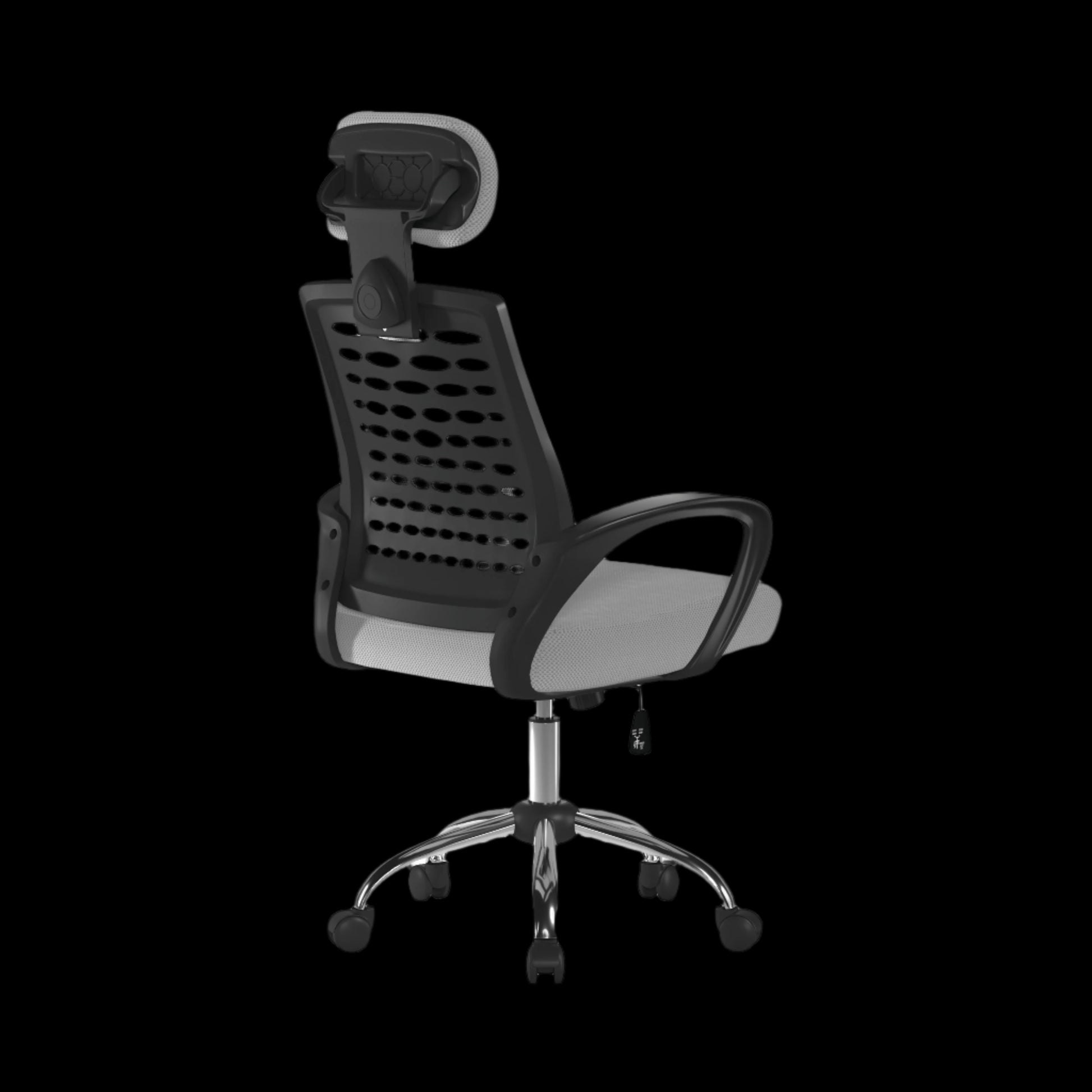 Black office chair with mesh backrest on a black background