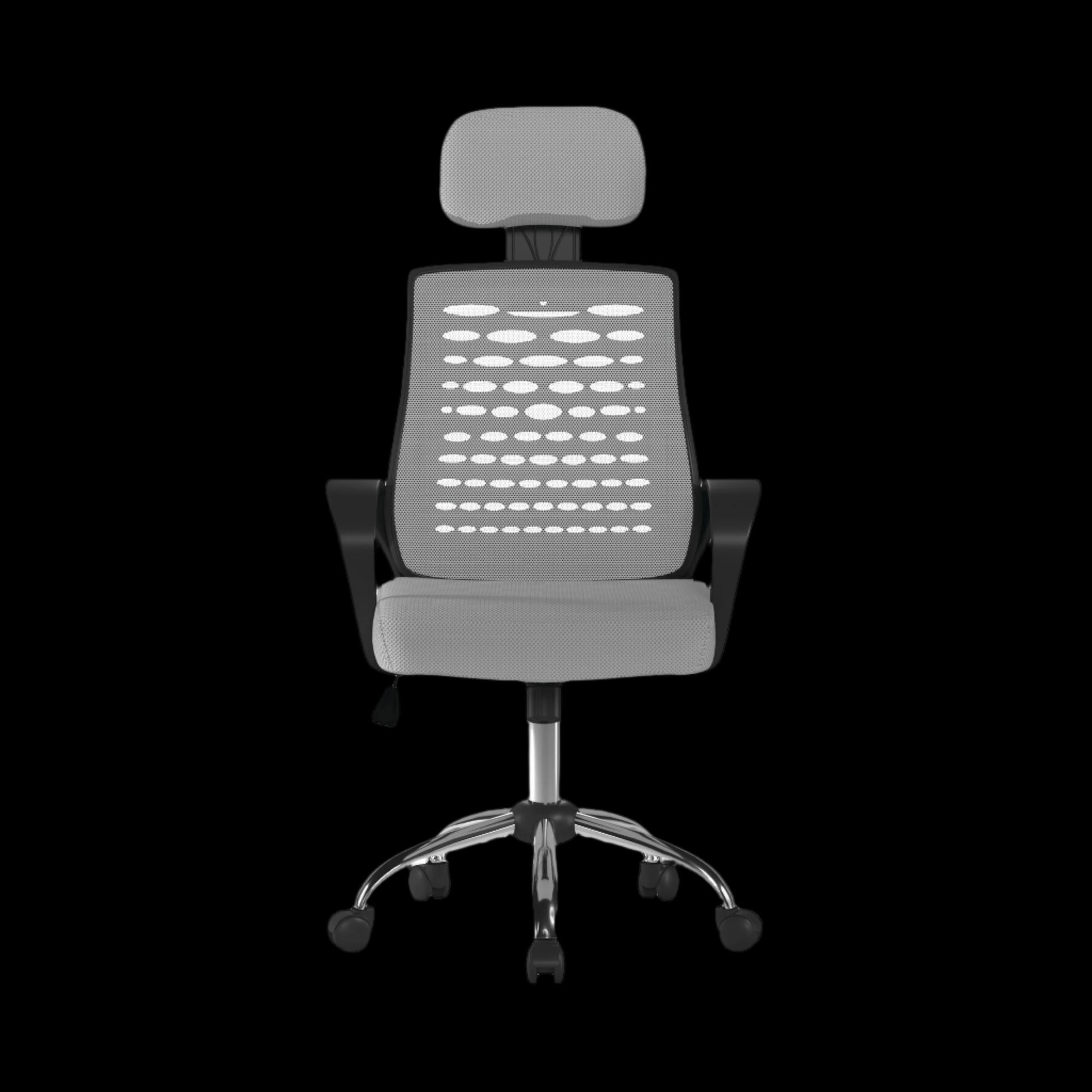Gray office chair with headrest on a black background