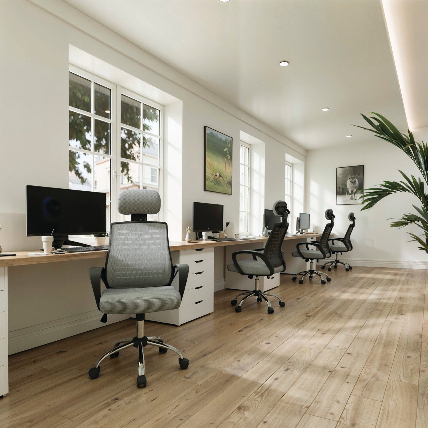 Modern office with desks, chairs, and computer monitors in a bright room.