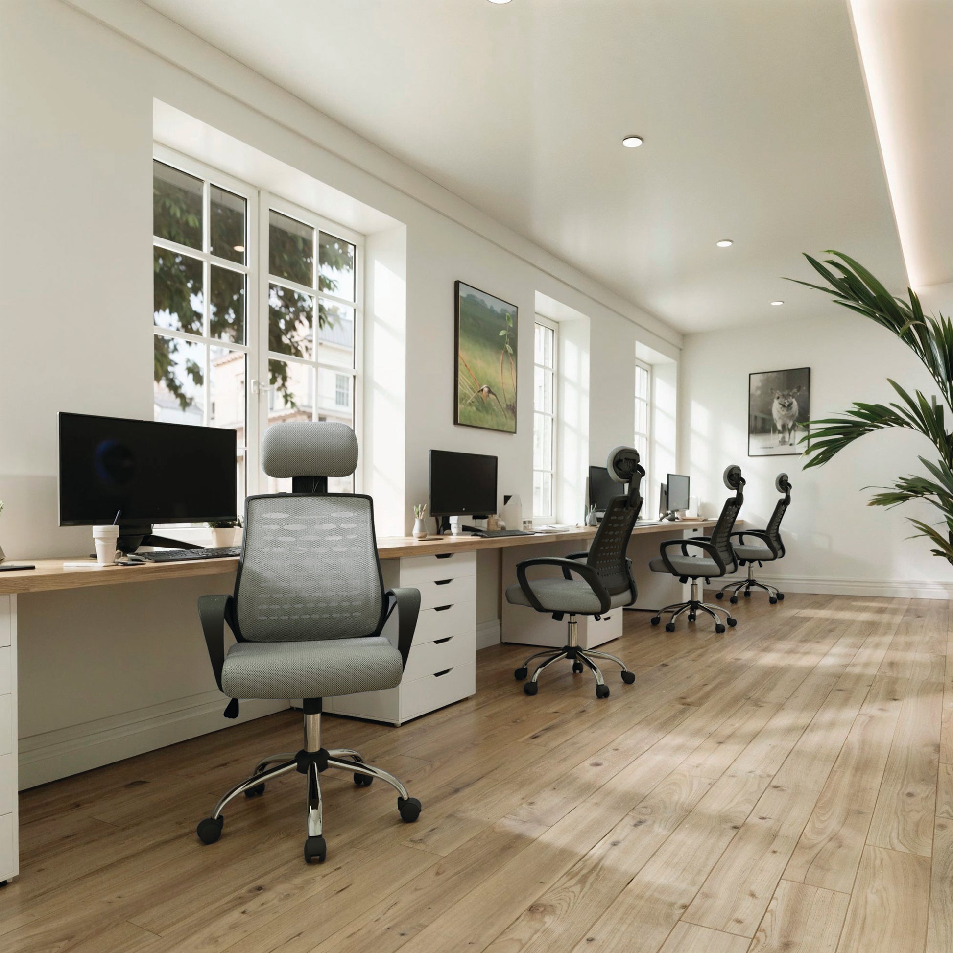 Modern office with desks, chairs, and computer monitors in a bright room.