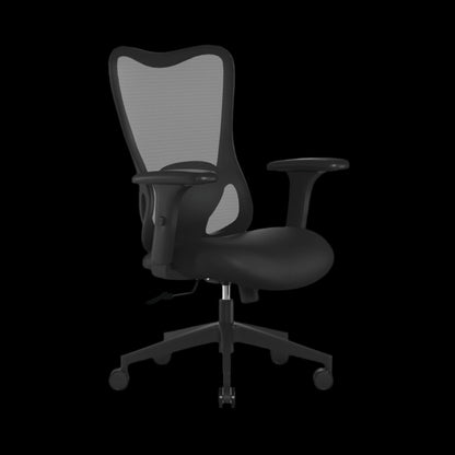 Black office chair with mesh backrest on a black background