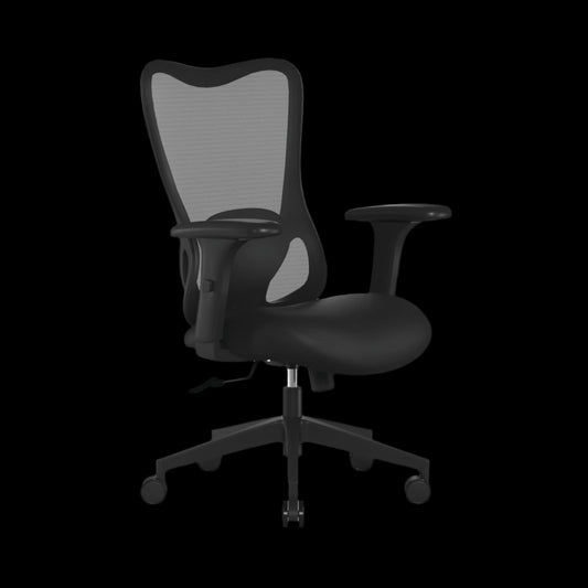 Black office chair with mesh backrest on a black background