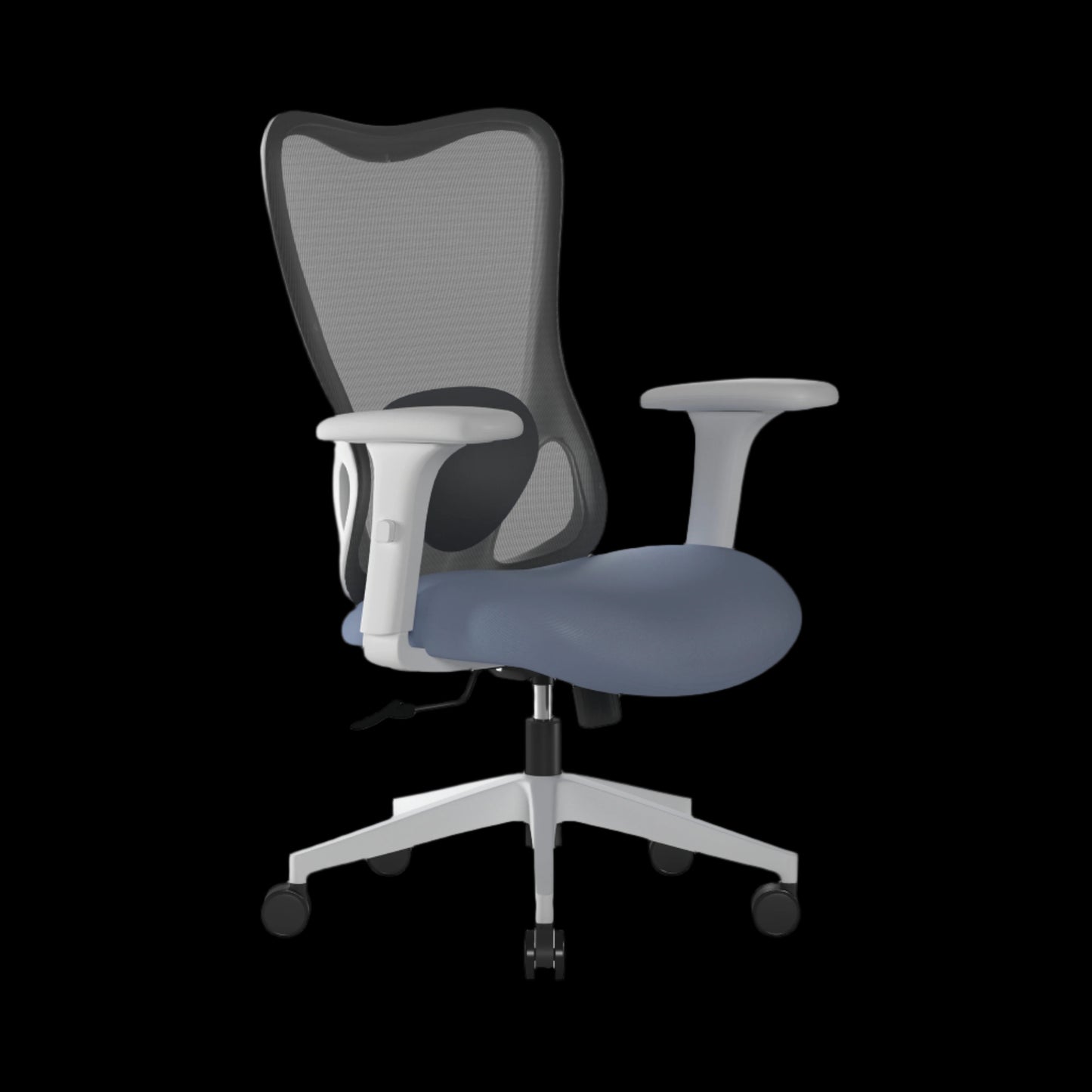 Blue office chair with mesh backrest on a black background