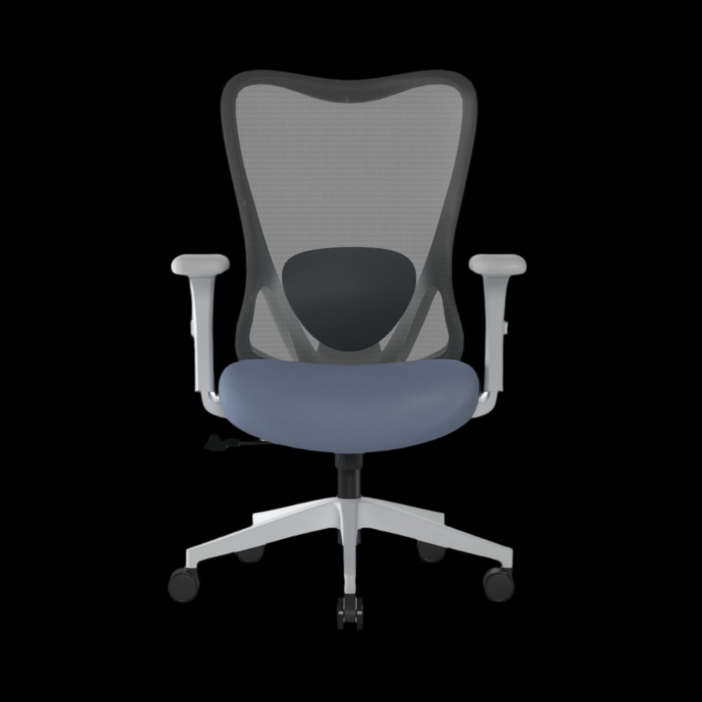 Blue office chair with mesh backrest on a black background