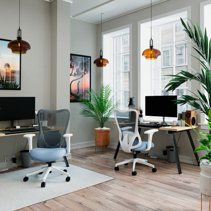 Modern office space with two desks, chairs, and large windows.