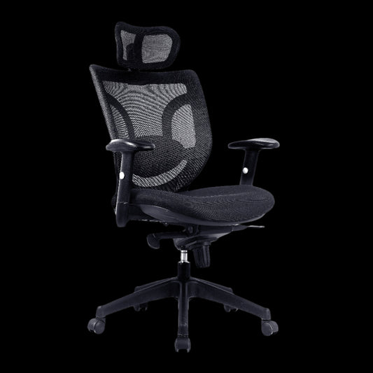 Black office chair with mesh backrest on a black background