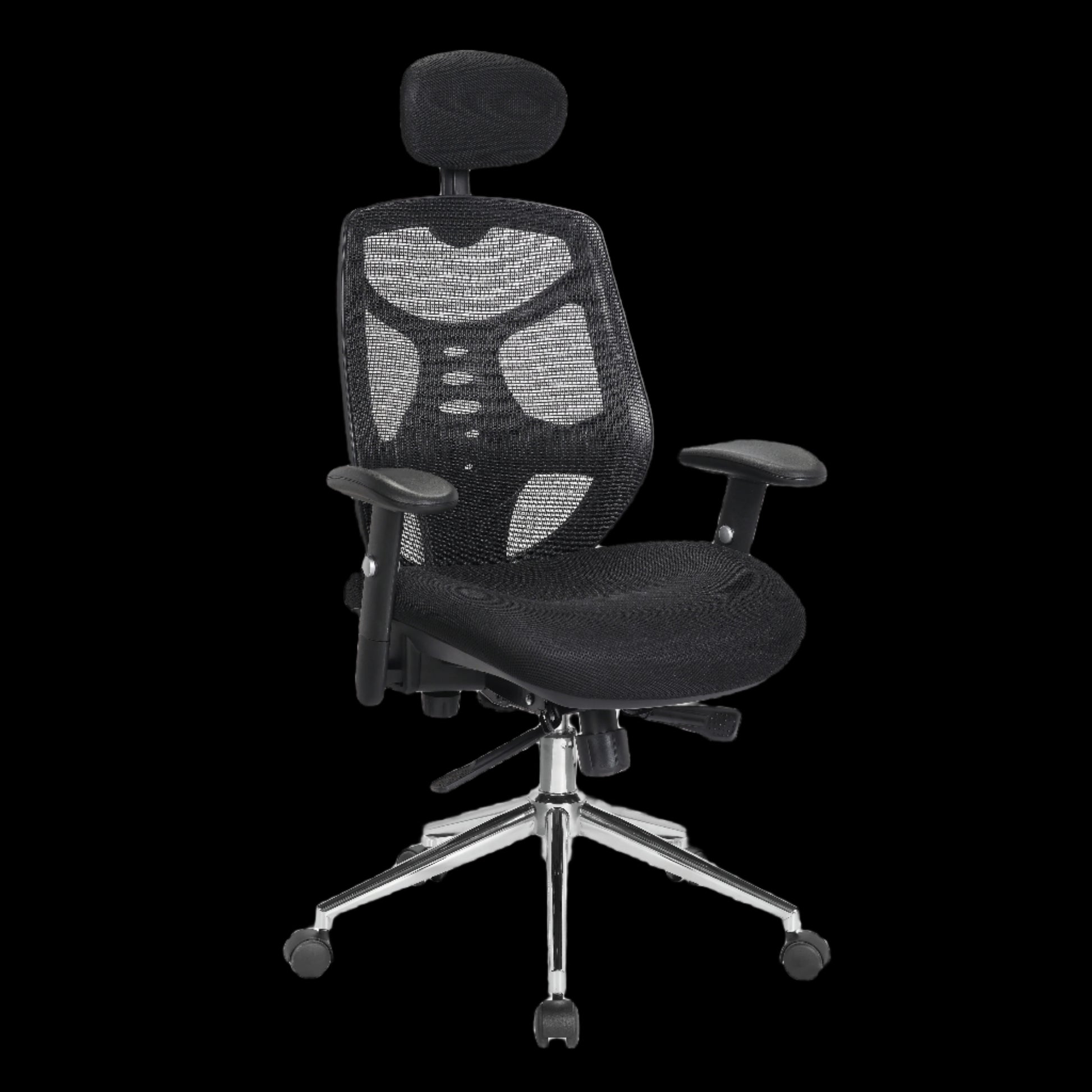Black office chair with headrest on a black background