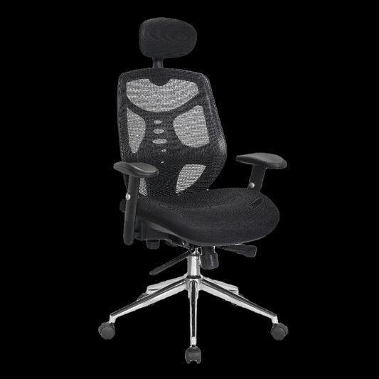 Black office chair with headrest on a black background