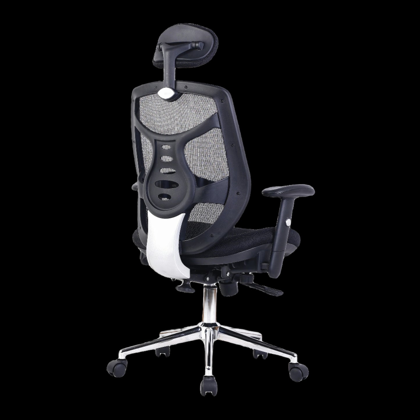 Black office chair with mesh backrest on a black background